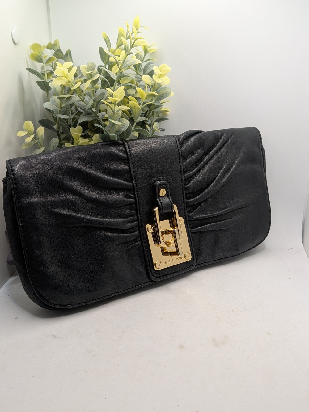 Michael Kors Black Leather Clutch with Gold Hardware